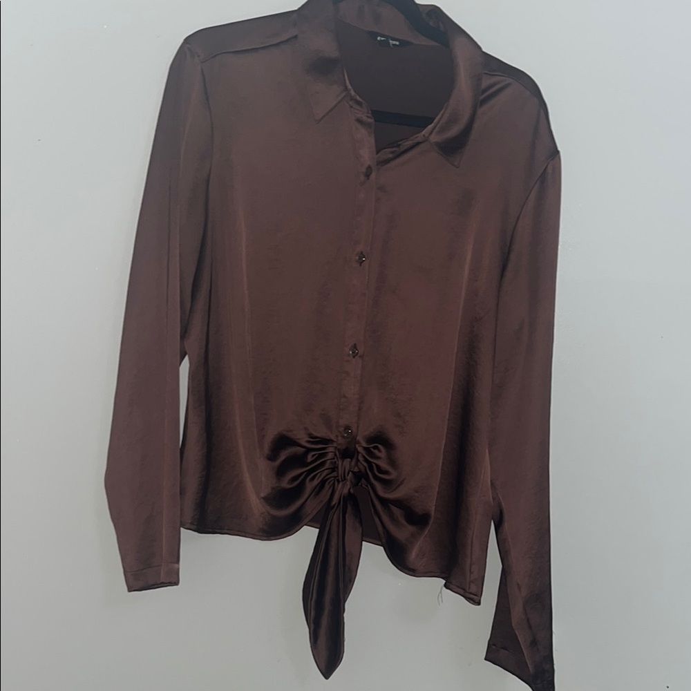 Express Brown Long Sleeve Button Down Shirt with Tie Front